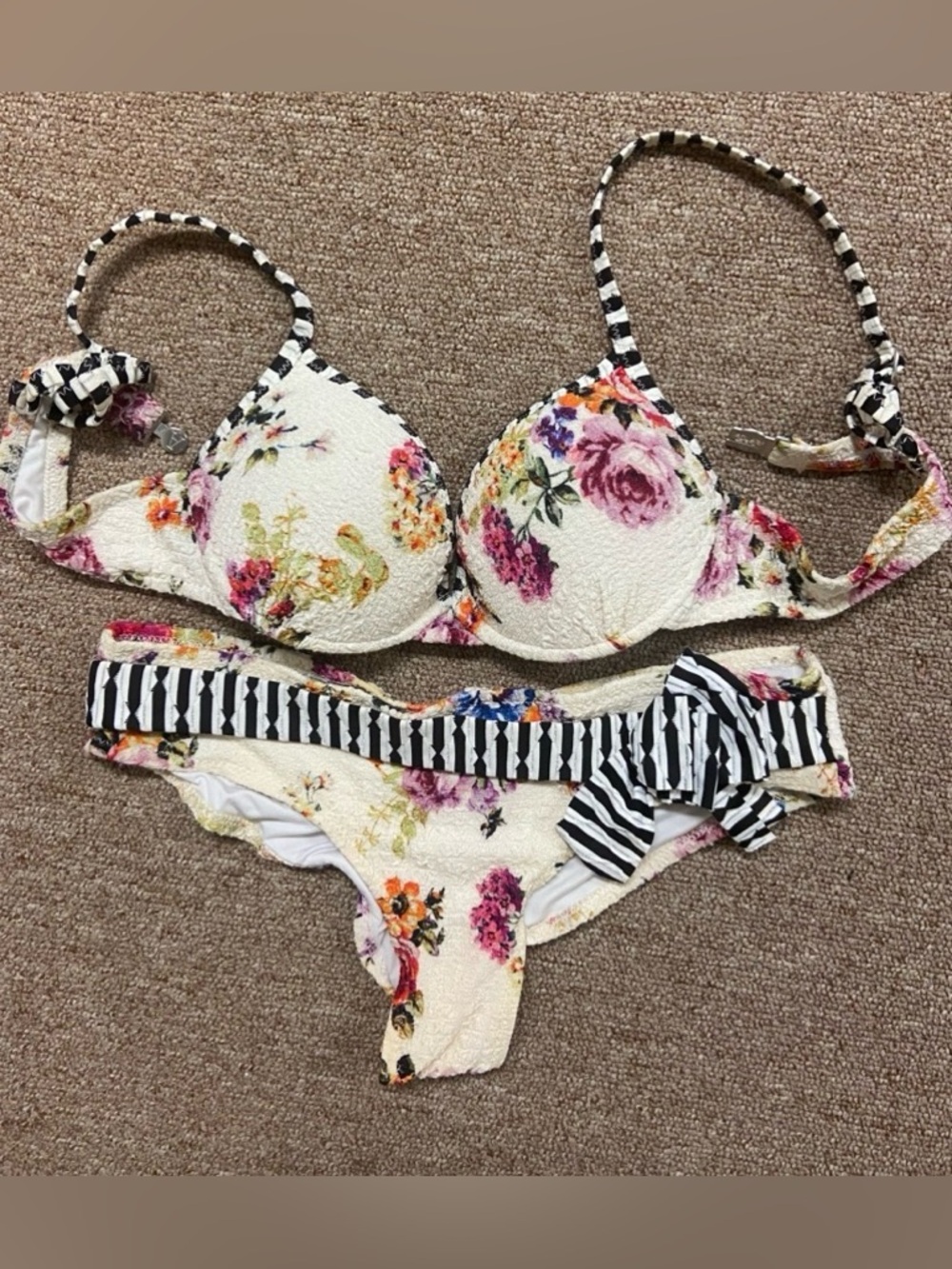 Cream Floral Push-Up Bikini with Black-White Stripe Accents